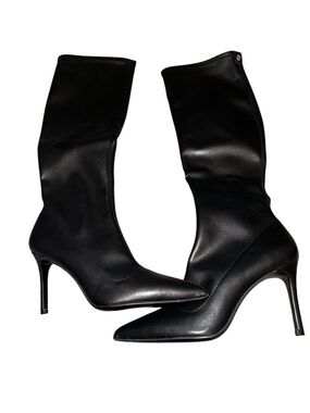 Wishbone Classic Black Pointed-Toe Mid-Calf Stiletto Boots - Women